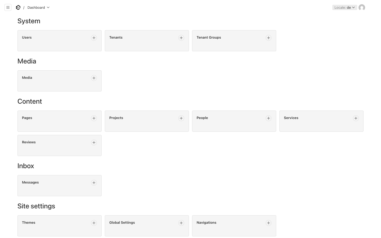 Das Dashboard mit den nach Bereichen gruppierten Sammlungen.