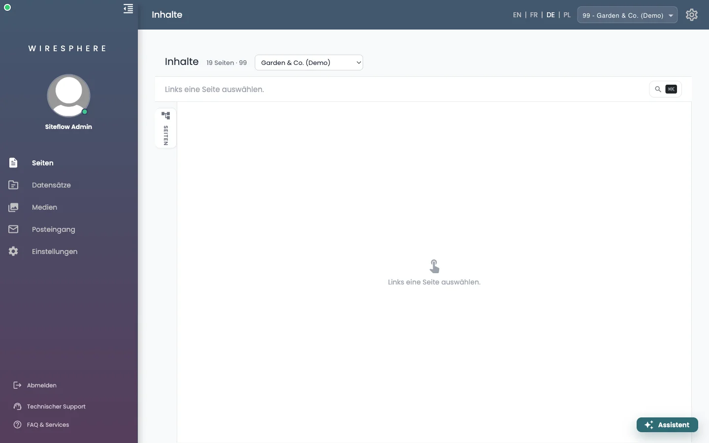 Links die fünf Bereiche, in der Mitte der Seitenbaum.