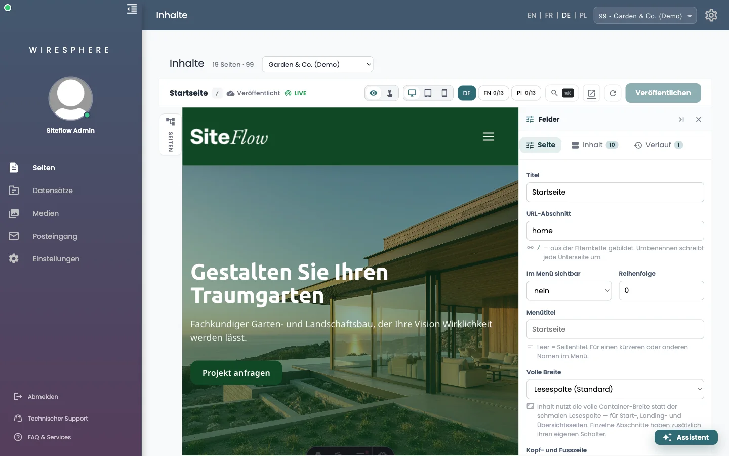 Baum links, Vorschau in der Mitte, Felder rechts — die Redaktion in einem Bild.
