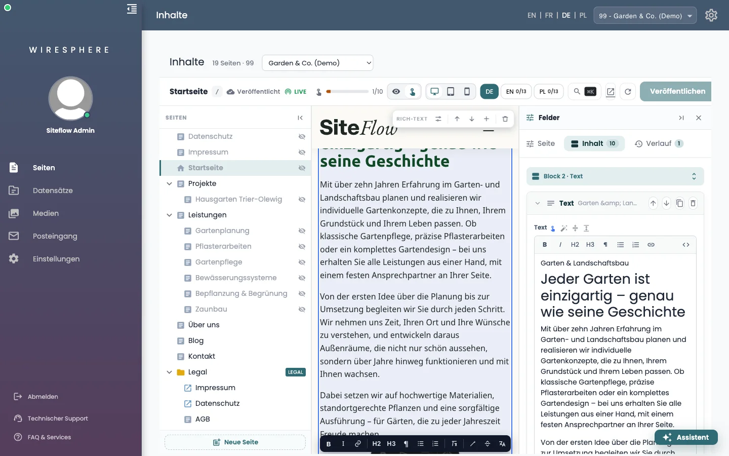 Clicked in the page: block selected, toolbars where the block is, the same field on the right.