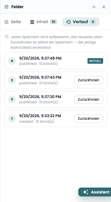Der Verlauf. Zurückholen nimmt nichts weg, es legt etwas obenauf.
