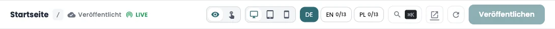 The bar: state on the left, view and languages in the middle, Publish on the right.