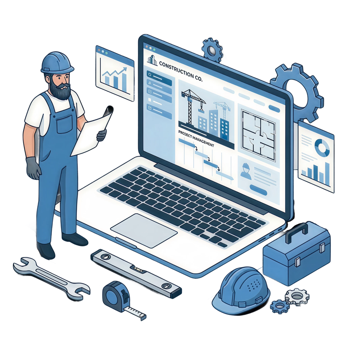 Illustration eines Bauarbeiters neben einem Laptop mit Webseite