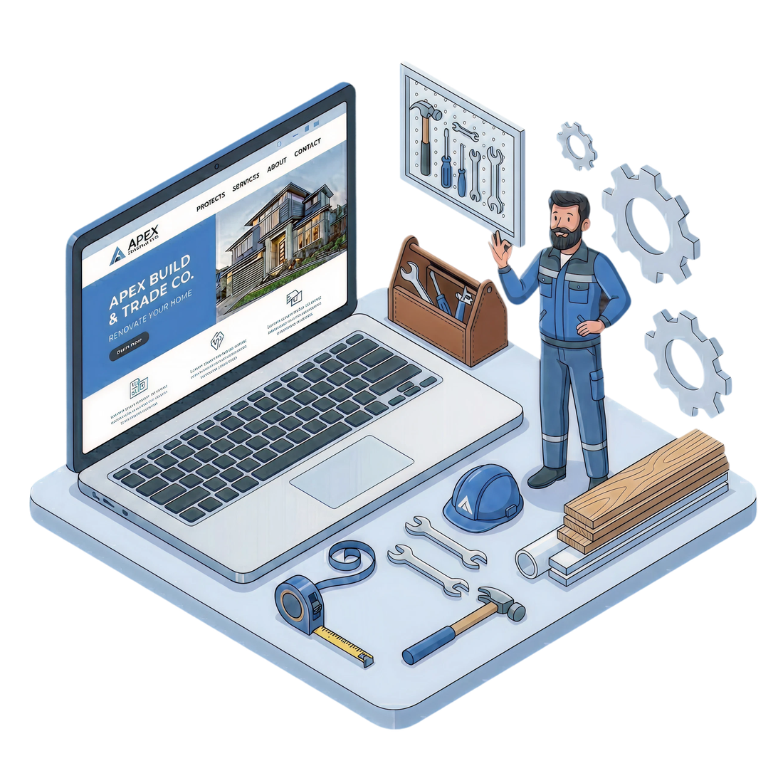 Illustration einer Bau-Website auf dem Laptop mit Werkzeug