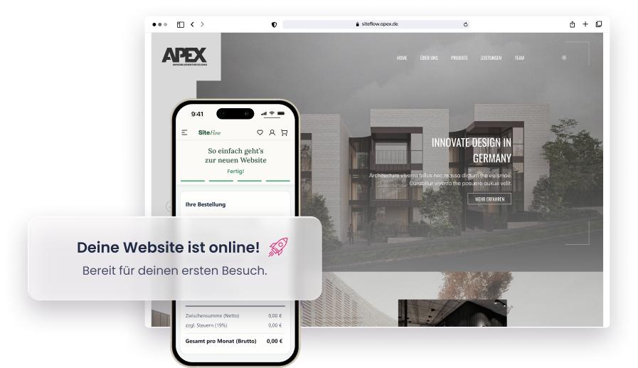 Vorschau einer fertigen SiteFlow-Website im Browser und auf dem Smartphone